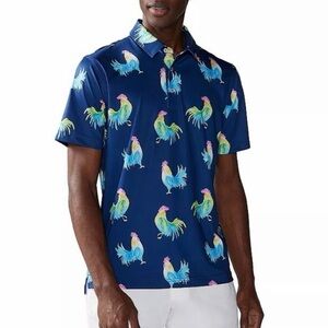 Chubbies Men's XL Golf Polo Shirt Blue Fowl Play Rooster Print Performance